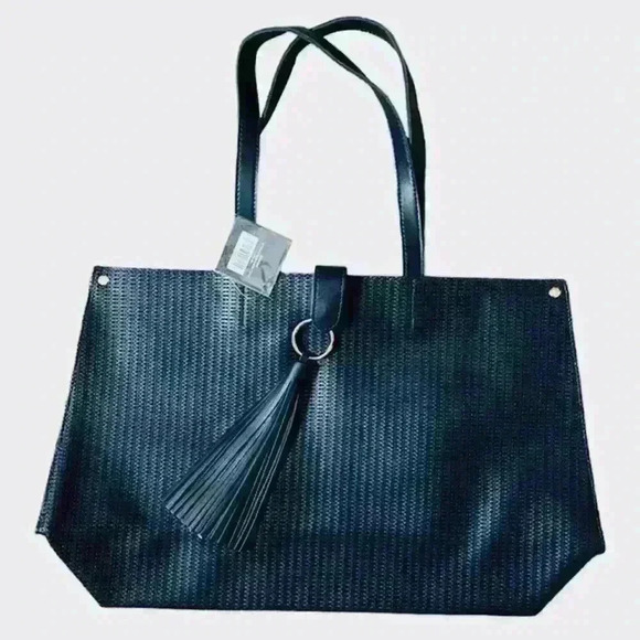 NWT ULTA vegan leather weaved dark blue tote shoulder bag with tassel! - Picture 1 of 6